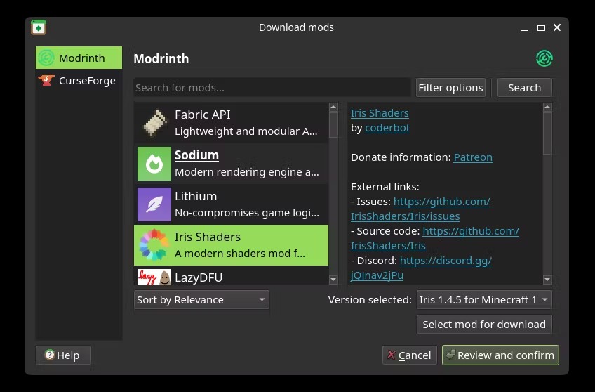 Download mods window searching Modrinth with Iris Shaders selected