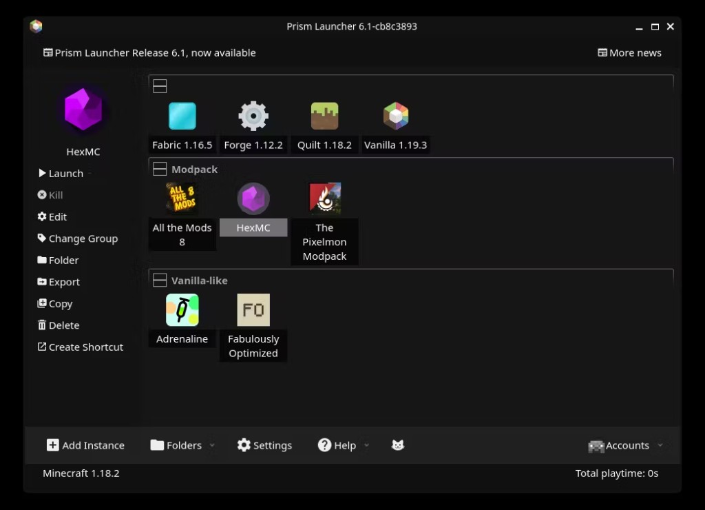 Prism Launcher dark UI with instance grid and launch sidebar for HexMC