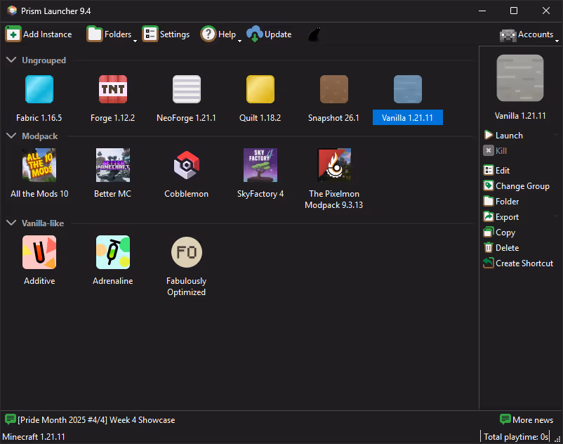 Main Prism Launcher window listing isolated Minecraft instances