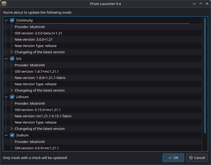 Confirming a queue of CurseForge and Modrinth mod updates