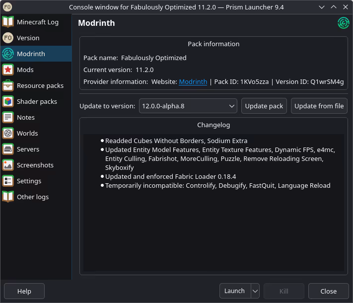 Modpack update progress inside an isolated instance