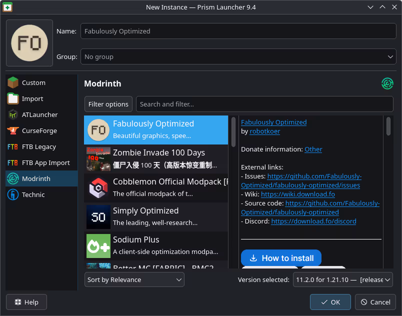 Modpack install dialog listing CurseForge and Modrinth sources