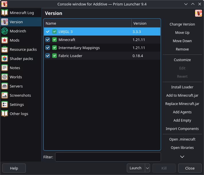 Per-instance Java and memory settings panel